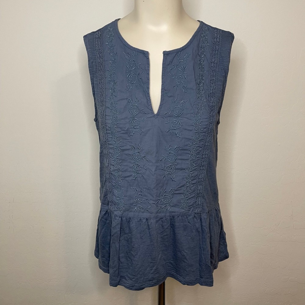 Lucky Brand Blue w/ Embroidered Floral Pattern Sleeveless Peplum Top